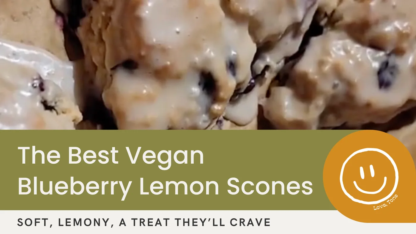 Plant Based Tone recipe visual for Quick and Easy Vegan Blueberry Scones with Lemon Glaze
